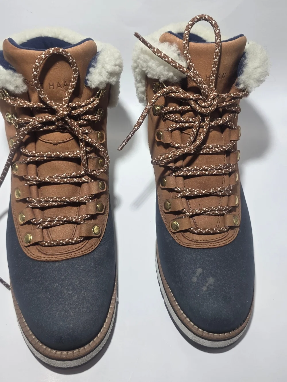 Cole Haan Waterproof Winter Boots Faux Fur Lace Up Brown Blue Women 7.5